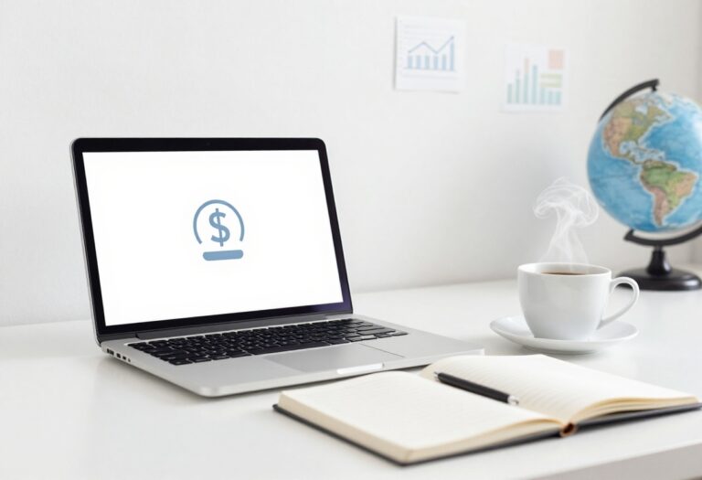 Workspace with laptop and coffee, representing online income opportunities