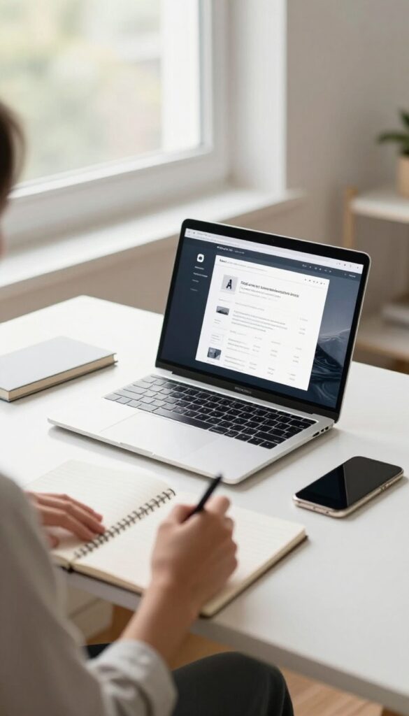 Person testing a website on a laptop and taking notes in a bright home office