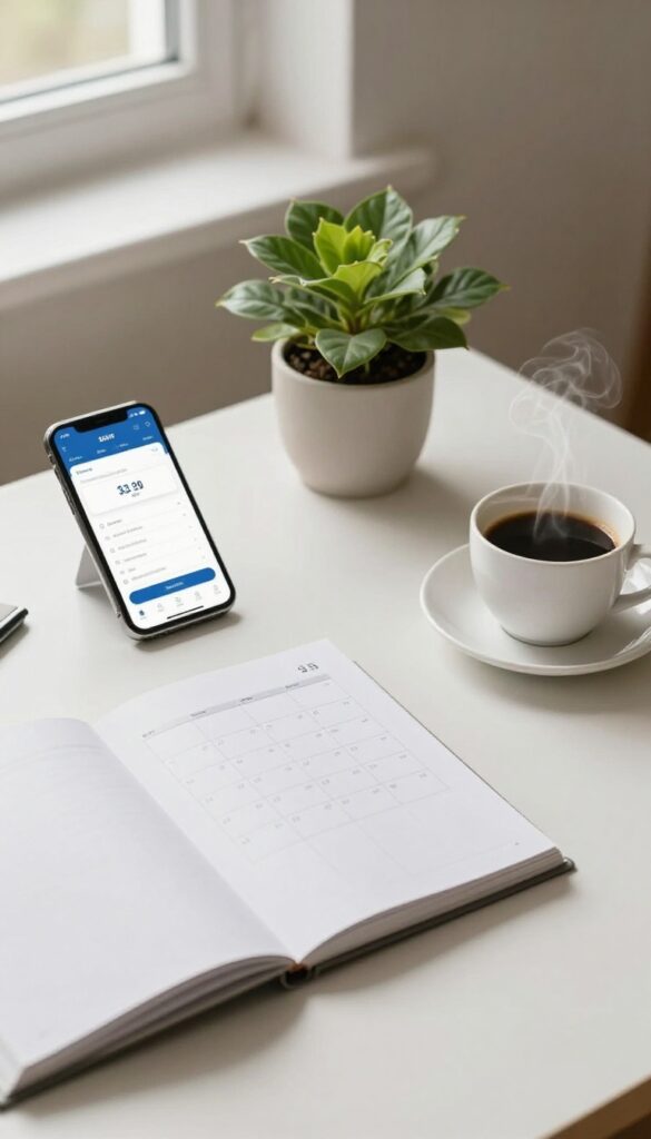 Minimalist desk flat lay with open calendar and smartphone showing paycheck deposit, representing syncing paydays with bills.