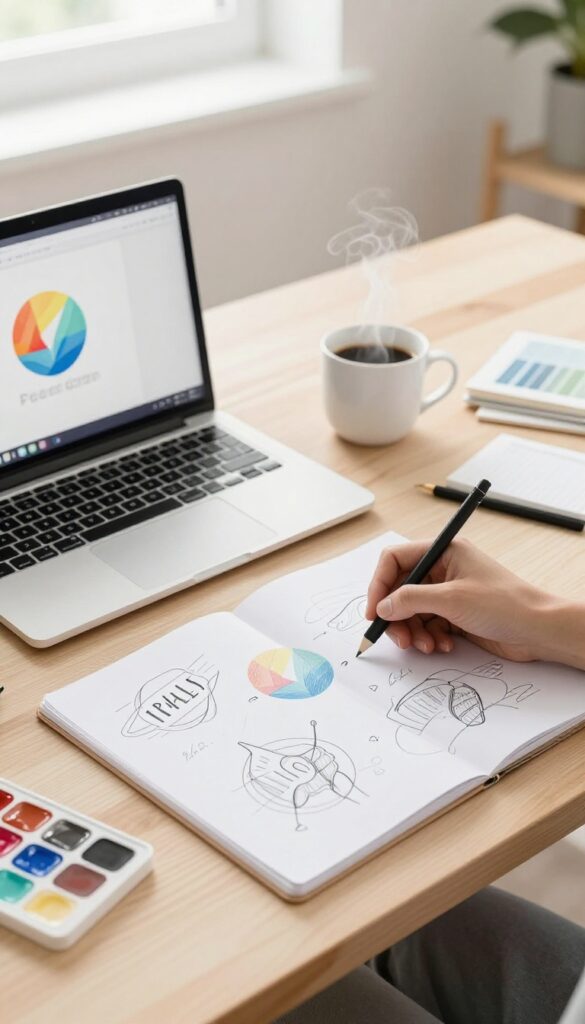 Flat lay of graphic design workspace with laptop, sketchbook, and design tools