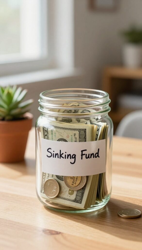 Glass jar labeled Sinking Fund filled with cash on a wooden desk with a succulent, representing planned savings for irregular expenses.