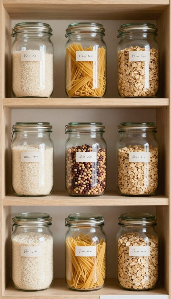 Clear glass jars filled with dry goods on a pantry shelf, labeled with dates, in bright natural light.