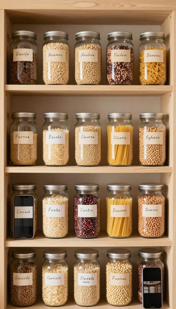 A photo of a neatly organized pantry shelf with labeled jars and a smartphone displaying a picture of the pantry, illustrating the concept of shopping your pantry first to reduce food waste.