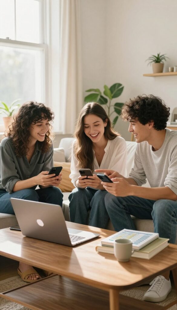 Friends gathered around a laptop and smartphones, reviewing savings goals together in a bright living room