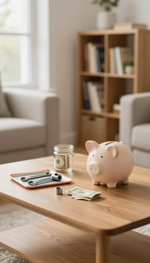 Cozy living room with a repair kit and a savings jar on a coffee table, natural light, home maintenance sinking fund concept