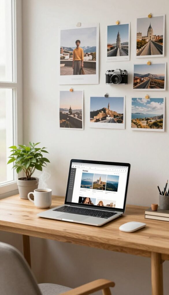 Cozy home office with laptop, coffee, and travel-themed mood board