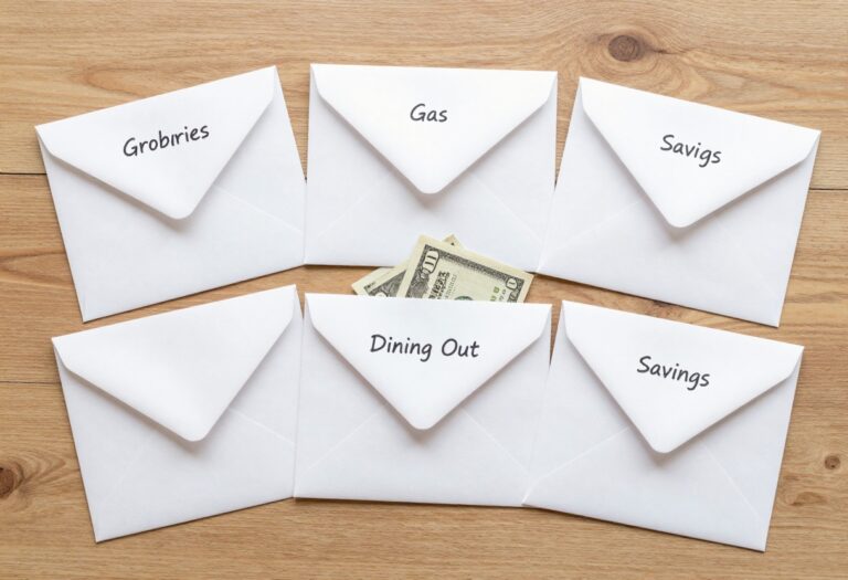 Cash envelopes labeled with budget categories on a wooden table