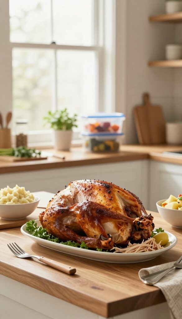 A kitchen counter with a roasted turkey and bowls of leftovers, with freezer containers and fresh herbs, bright natural light.