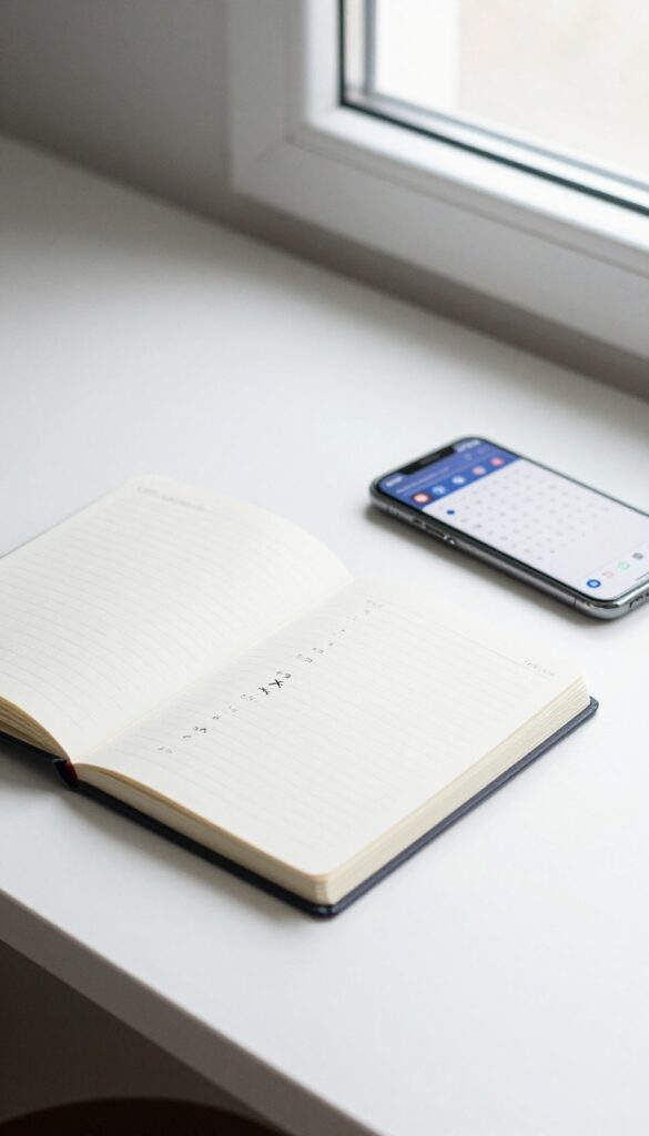 A clean desk setup with a wishlist notebook and a phone showing a 30-day reminder, representing the 30-day rule for impulse control.