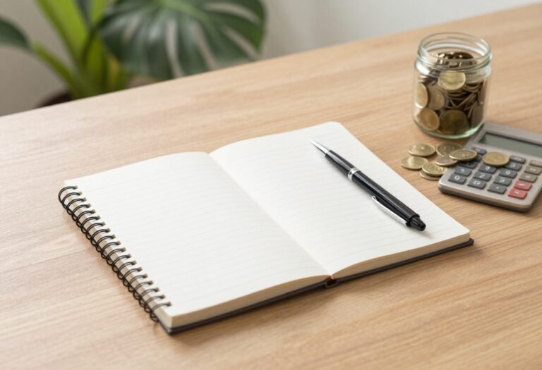 Flat lay of budgeting tools including a notebook, pen, calculator, and a jar of coins on a wooden desk.
