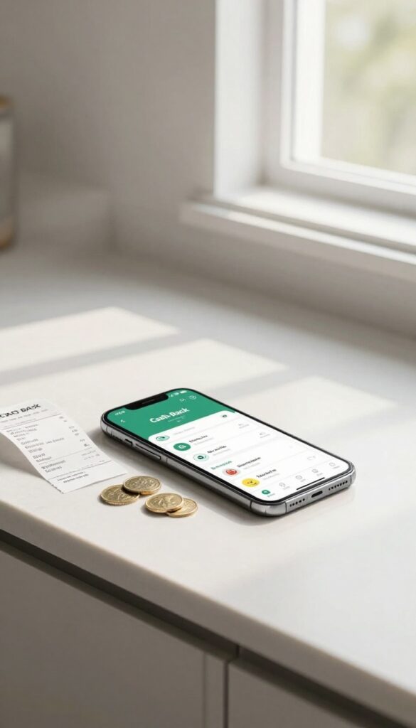 Smartphone showing cash-back app on kitchen counter with receipt and coins