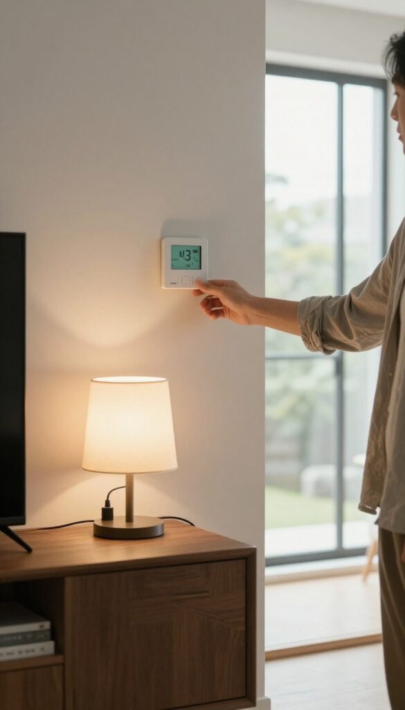 Person turning off a lamp switch in a bright living room with thermostat and power strip, symbolizing energy saving.