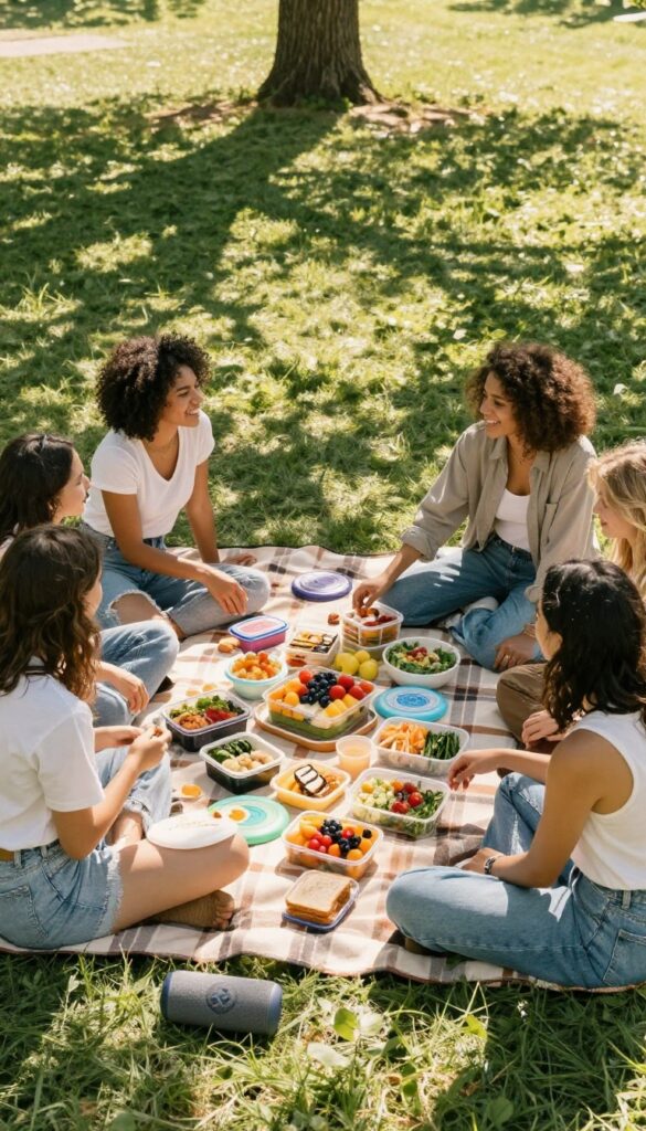 A sunny potluck picnic in a park with friends enjoying homemade food on a blanket.
