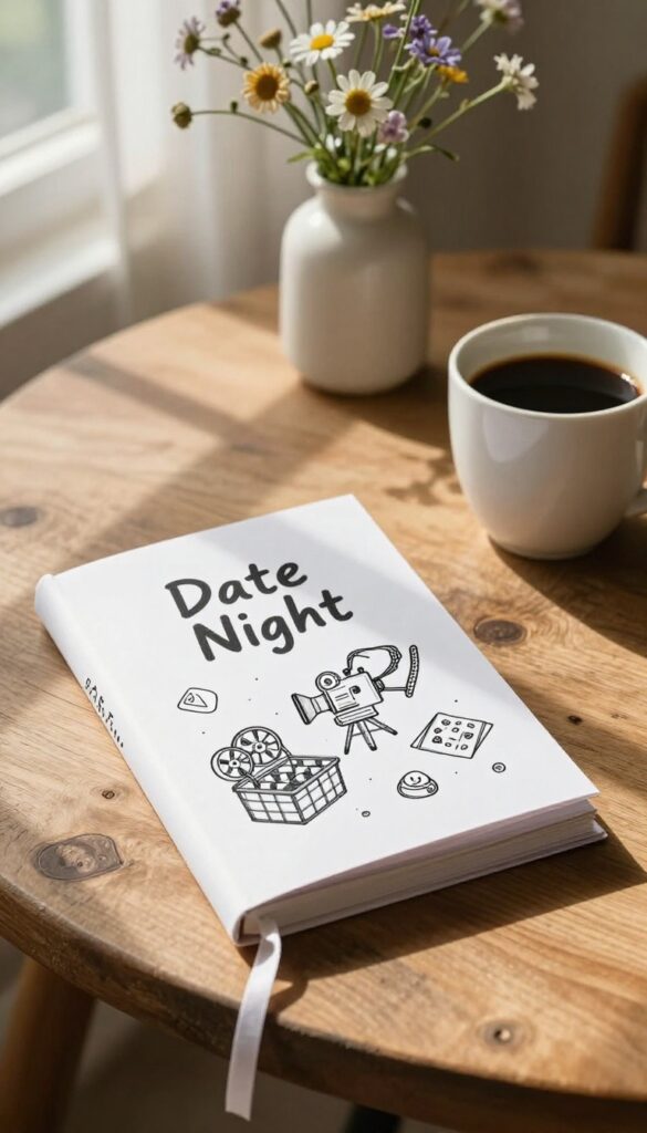 A handmade date night coupon booklet with doodles, ribbon binding, coffee, and wildflowers on a rustic wooden table in natural light.