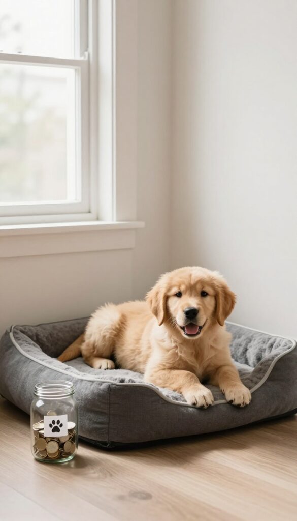 Pet emergency fund jar with cash and coins next to a dog on a bed