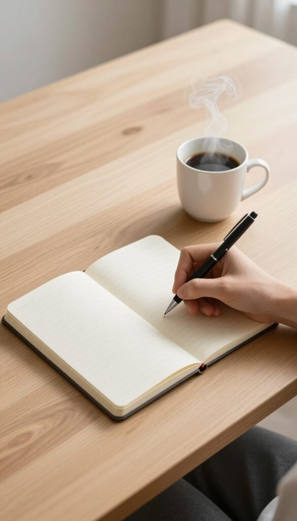 Person writing in notebook on desk with coffee and phone, illustrating the 30-day rule for non-essential purchases.