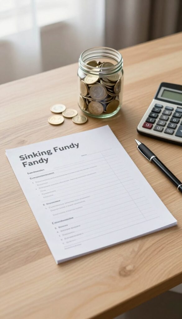 Flat lay of sinking fund savings sheet printable with jar of coins, calculator, and pen on wooden desk