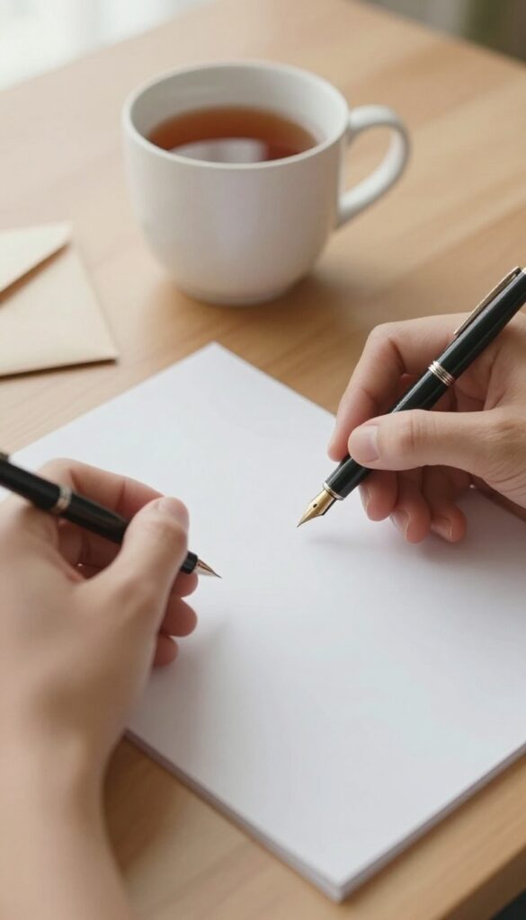 A person writing a letter to their future self with a pen on paper, tea and envelope nearby, warm natural light.