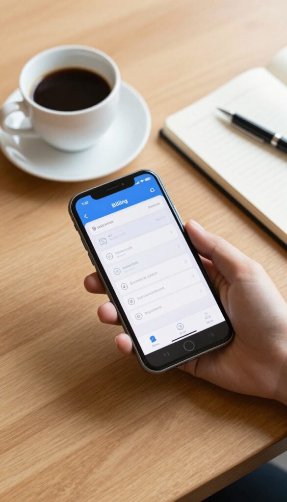 Person holding smartphone with billing app on a sunny desk with coffee and notebook