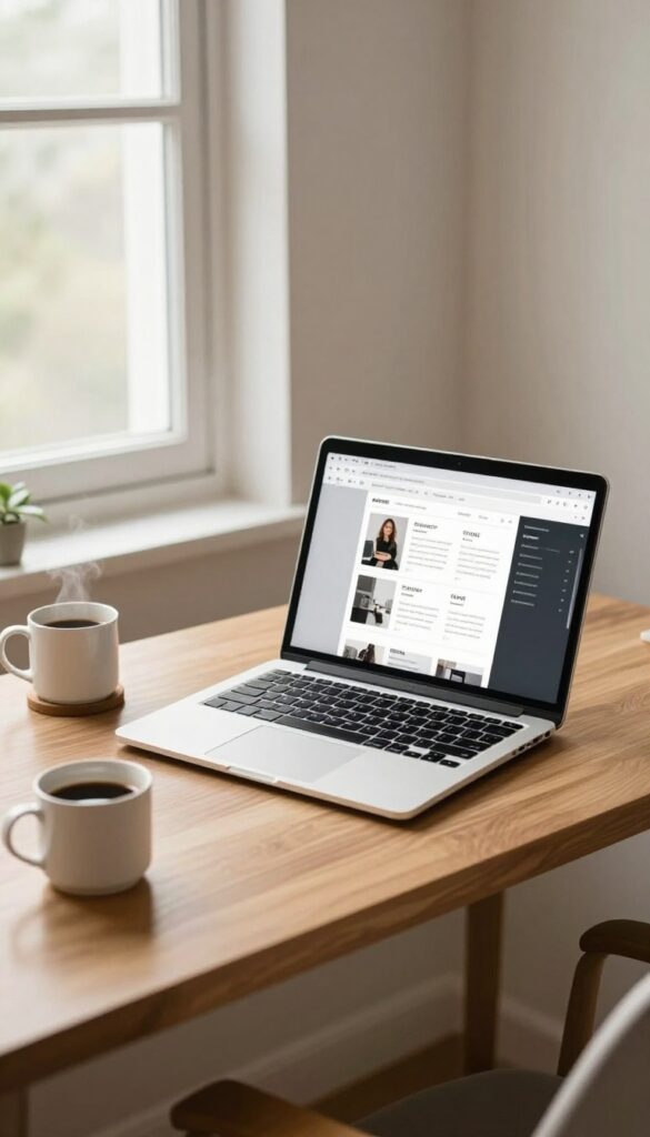 Cozy home office setup with laptop, coffee, and plant for blogging