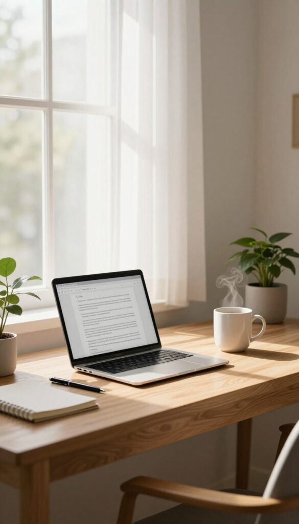 Cozy home office setup with laptop, coffee, notebook, and plant by a sunlit window