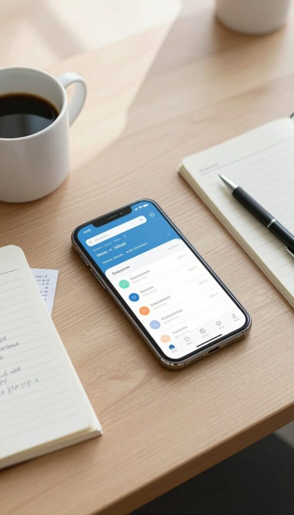 A person tracking their spending with a phone app and a notebook on a desk