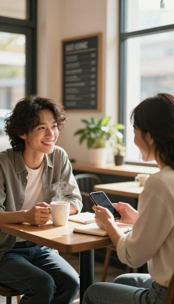 Two people networking over coffee in a bright coffee shop