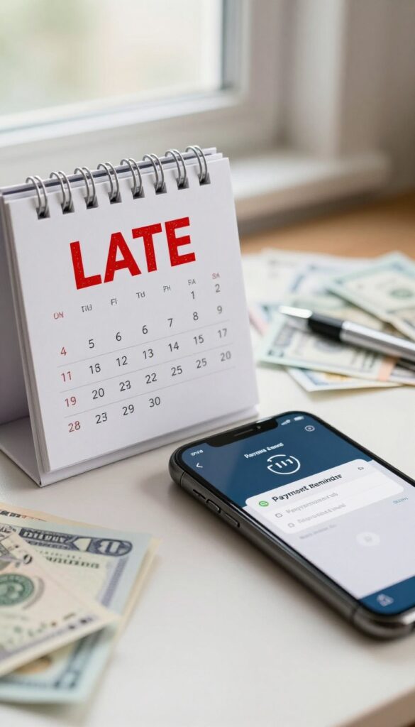 Close-up of a desk calendar with a late stamp and a smartphone showing a payment reminder, representing late bill payments.