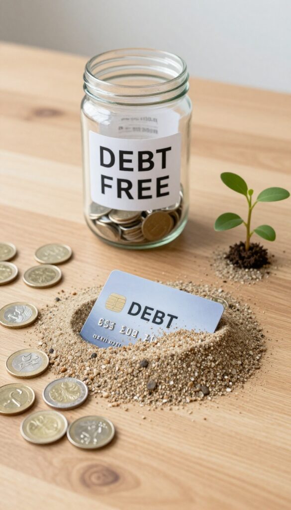 A visual metaphor for paying off high-interest debt, showing a credit card sinking into sand on a wooden desk with coins and a plant.