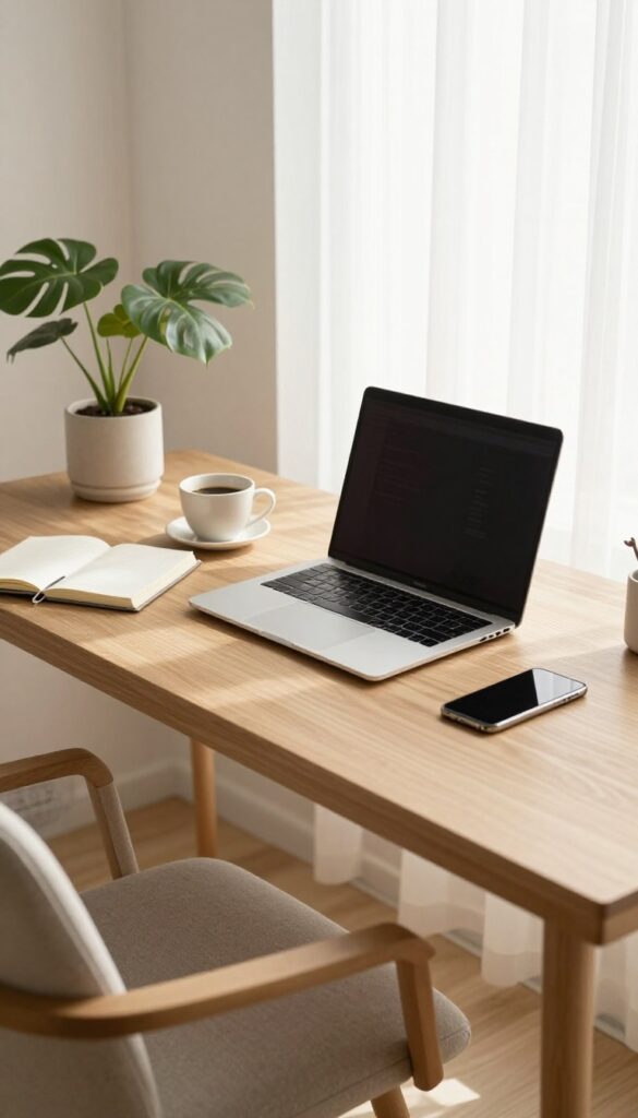Cozy home office with laptop, coffee, notebook, and plants
