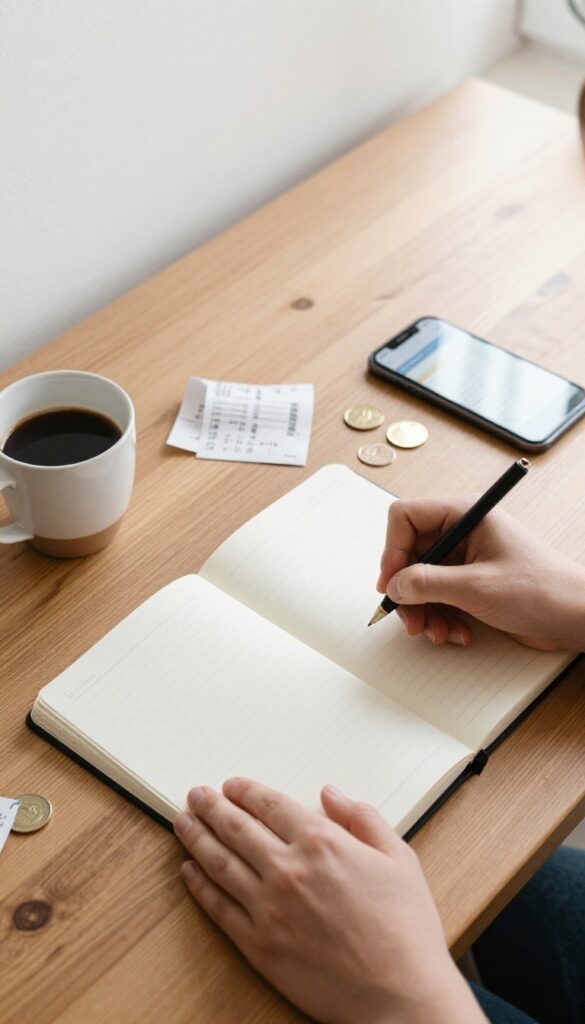 Person tracking expenses in a notebook with receipts and phone