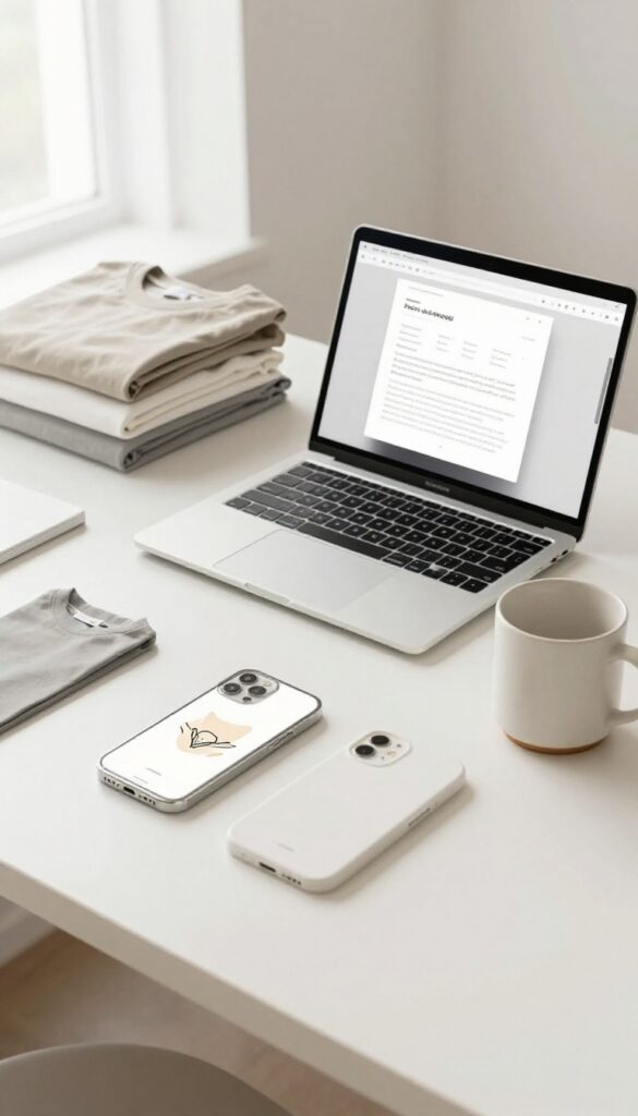 Workspace with laptop showing print on demand designs, t-shirts, mug, and phone case