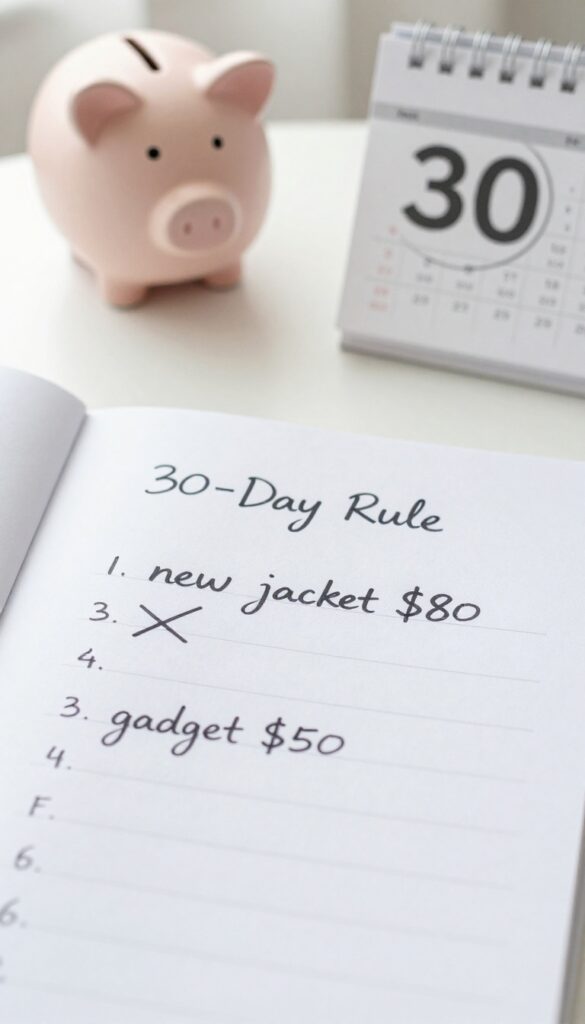 A handwritten 30-day rule list with crossed-out items and a calendar, piggy bank in background