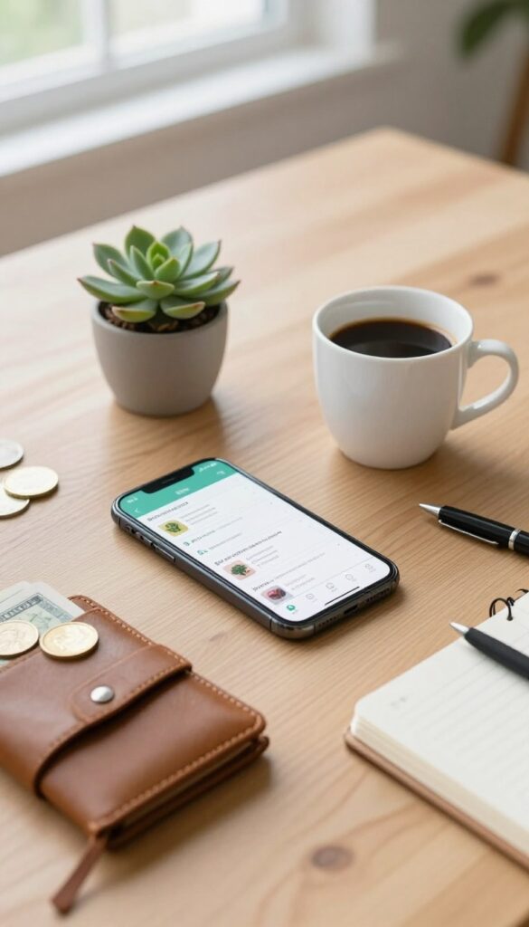 Flat lay of personal finance items including smartphone with budgeting app, coffee, wallet, notebook, and succulent on wooden desk.