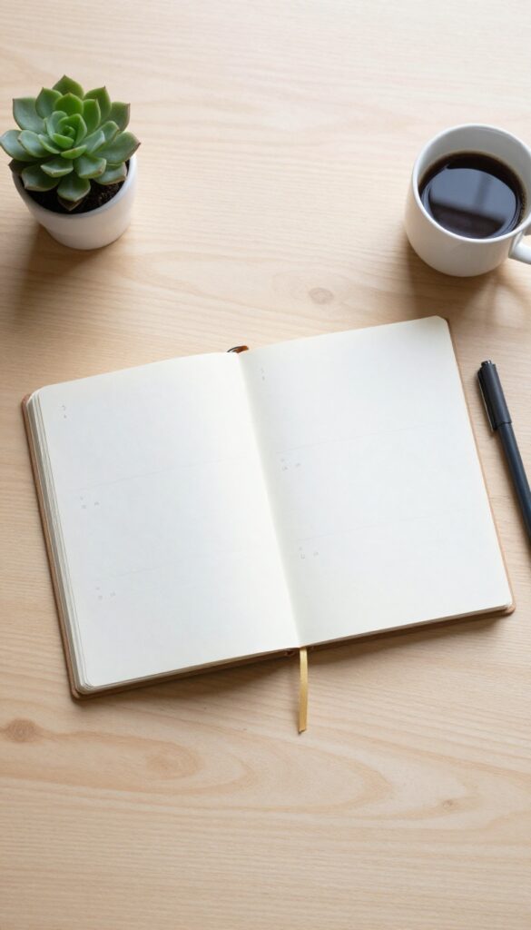Flat lay of open bullet journal with weekly spread, colorful pens, coffee cup, and succulent on wooden desk