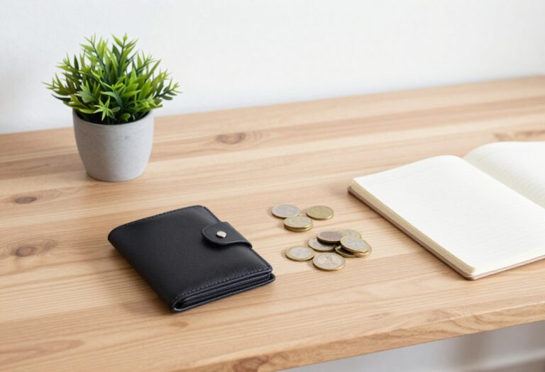 A flat lay of a wallet, coins, a small plant, and a notebook on a wooden table representing mindful frugal living.