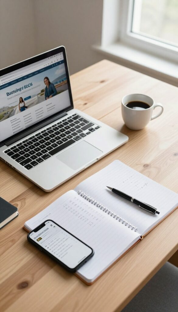 A person reviewing last month's bank statements on a laptop with a notebook and coffee on a wooden desk.