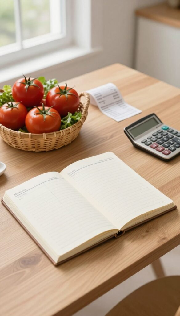 Weekly meal planner notebook with groceries and receipt on a wooden table