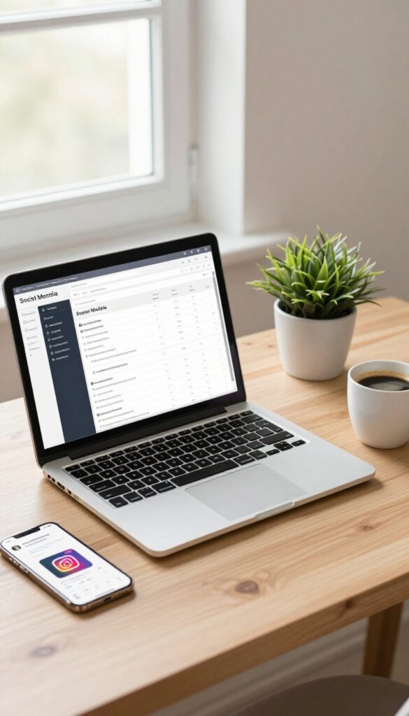 A workspace with a laptop, smartphone, coffee, and plant, representing social media management.