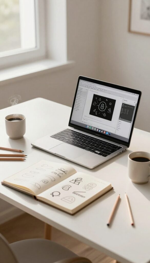 Home office desk with laptop, sketchbook, coffee, and colored pencils for graphic design side hustle
