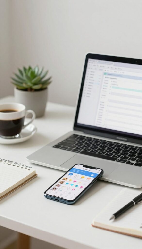 Desk with smartphone showing Instagram feed, laptop, notebook, coffee, and succulent in bright natural light