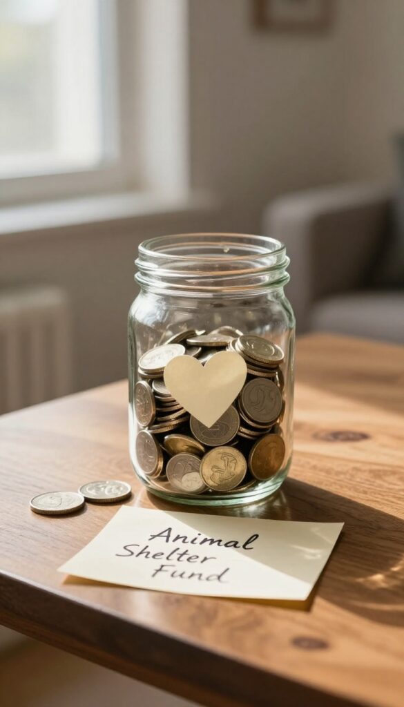 A glass jar full of money with a note labeled Animal Shelter Fund on a wooden table in a bright room