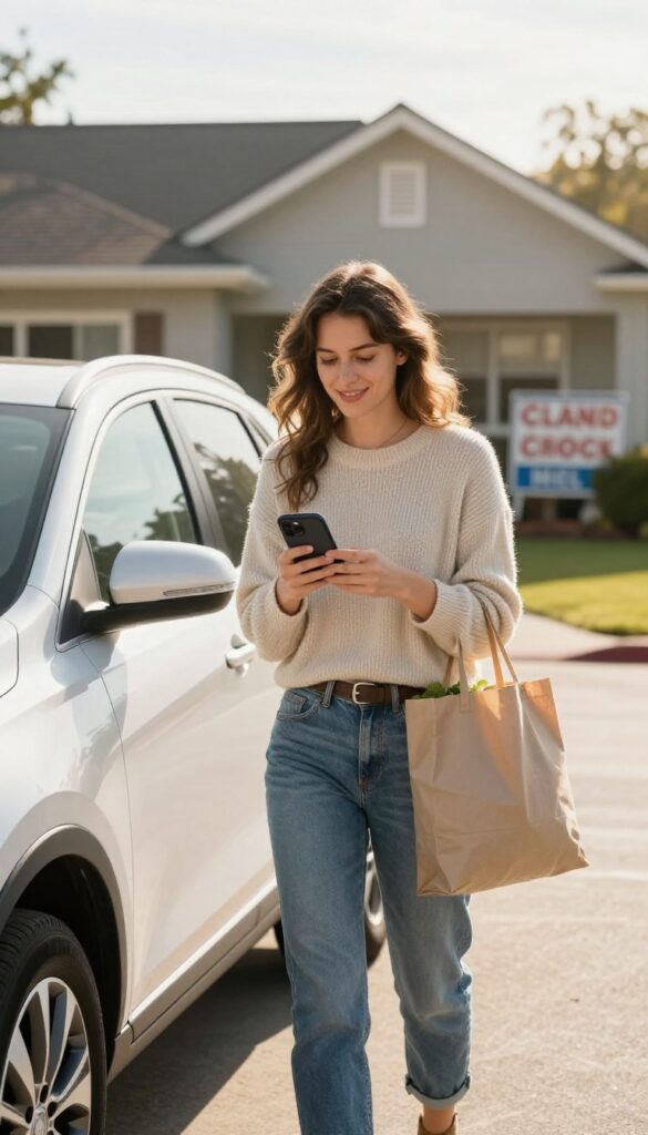 Woman with smartphone and grocery bag beside car, ready to run errands