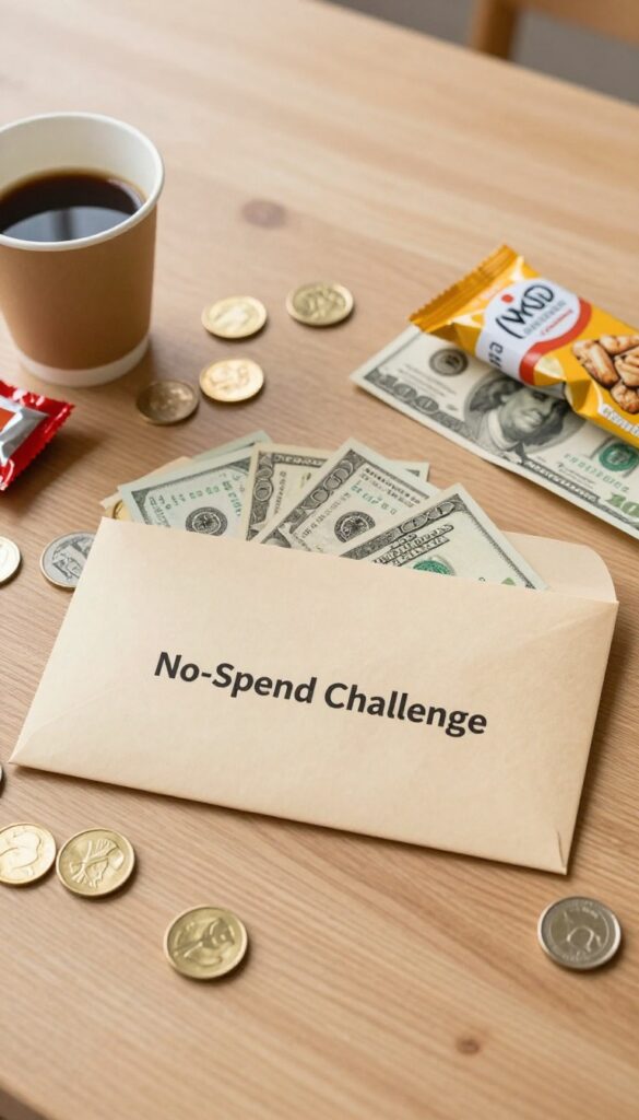 Flat lay of a beige cash envelope labeled No-Spend Challenge with money and spending items like coffee and snacks on a wooden table.