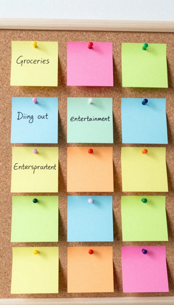 Visual spending board with pinned receipts and sticky notes in labeled categories