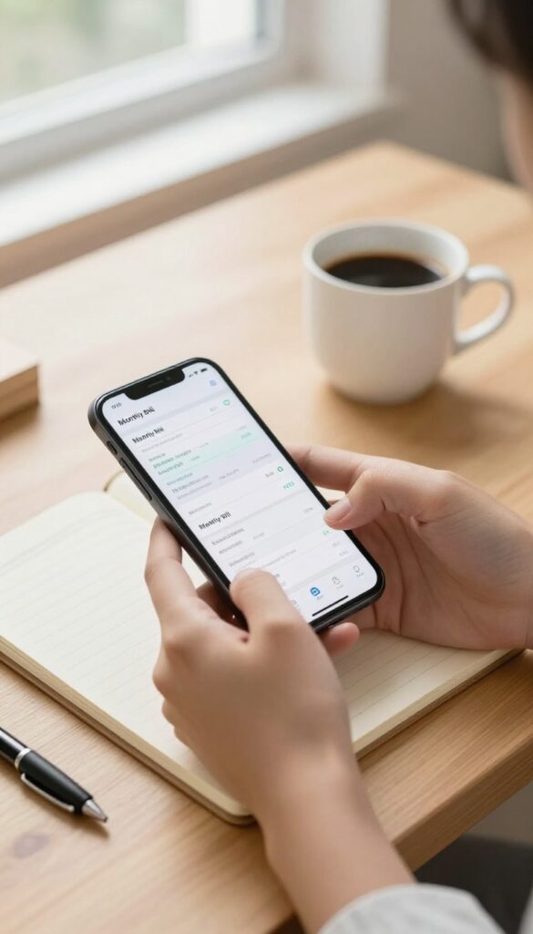 Person holding smartphone showing a bill on a table with coffee and notepad, ready to negotiate bills annually