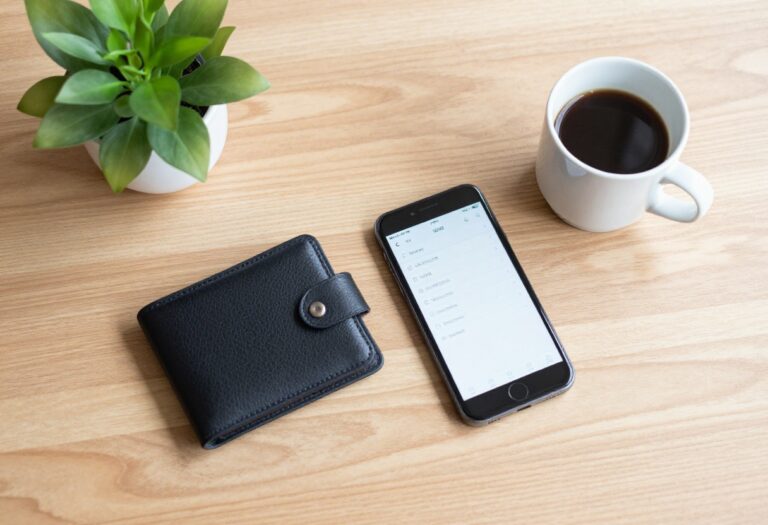 Flat lay of wallet, smartphone with budgeting app, plant, and coffee on wooden table