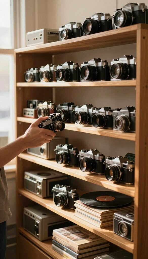 Person examining a vintage camera in a thrift store with shelves of retro items