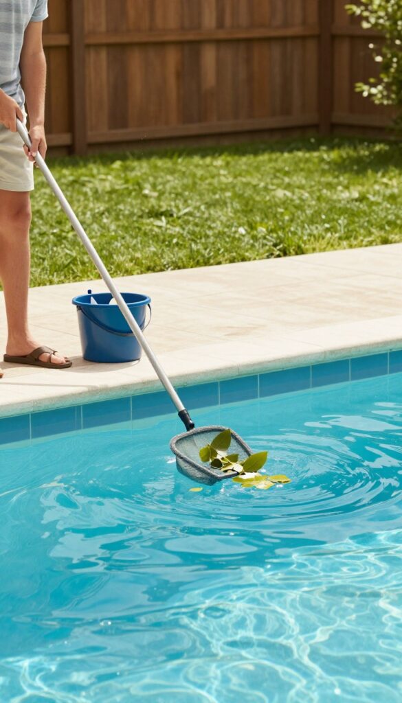 Person skimming leaves from a clean, sparkling pool on a sunny day with pool cleaning supplies nearby.