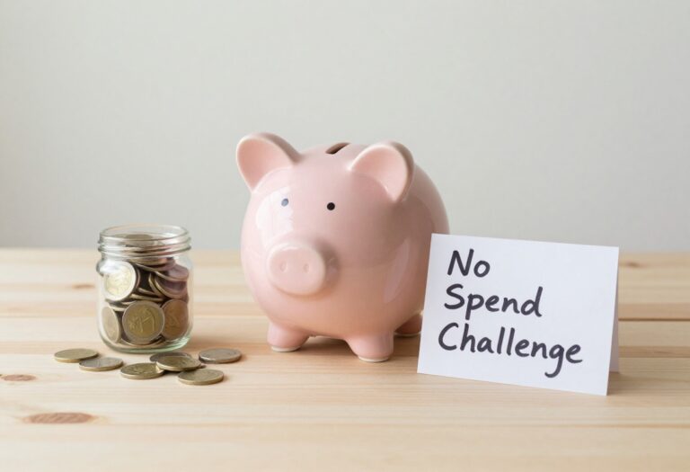 No spend challenge flat lay with piggy bank and coins